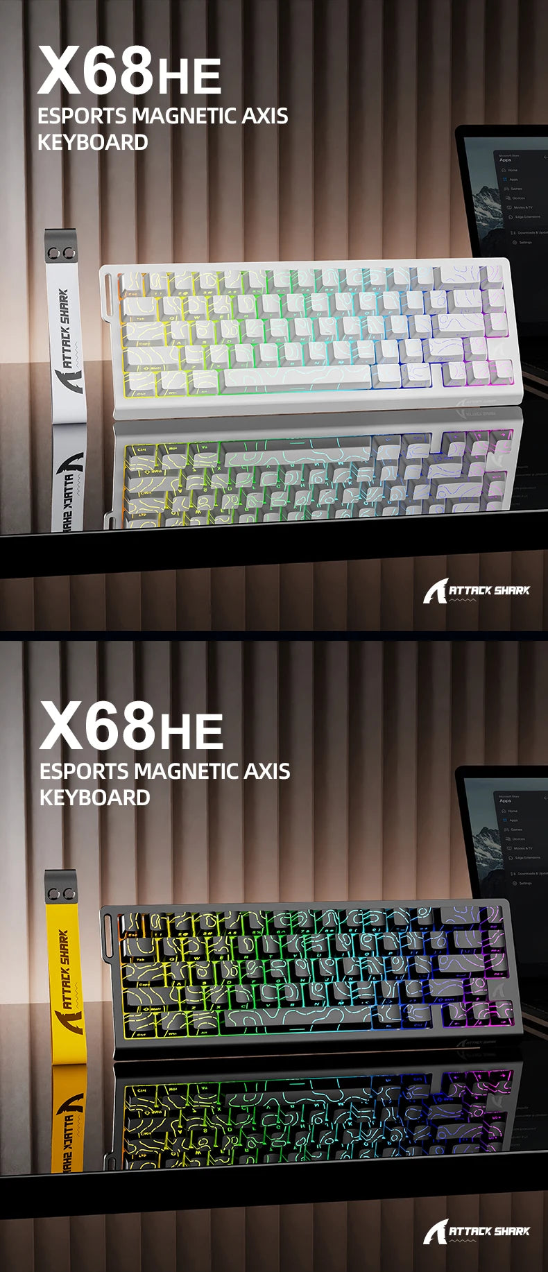 ATTACK SHARK X68HE Keyboard, PBT Double-Shot, RGB, 0.01mm, Baiyu Magnetic Switches,