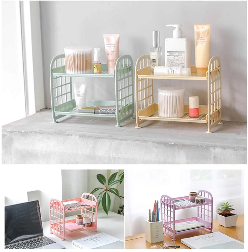 2-Tier Multifunctional Plastic Shelf Makeup Organizer for Skincare Office Kitchen Bedroom Bathroom Two Layer Hollow Storage Rack