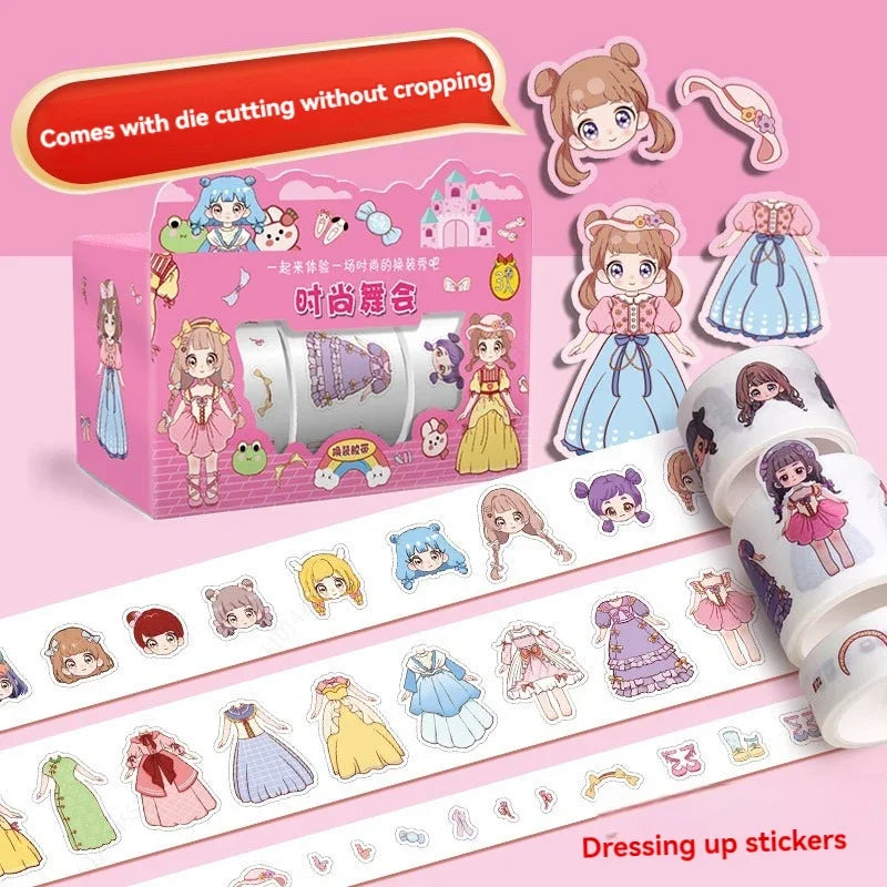 1-4box Cute Princess Dress Up Sticker Girl Cartoon Washi Tape Set Cute Children's Handbook Character Clothes Decoration Sticker