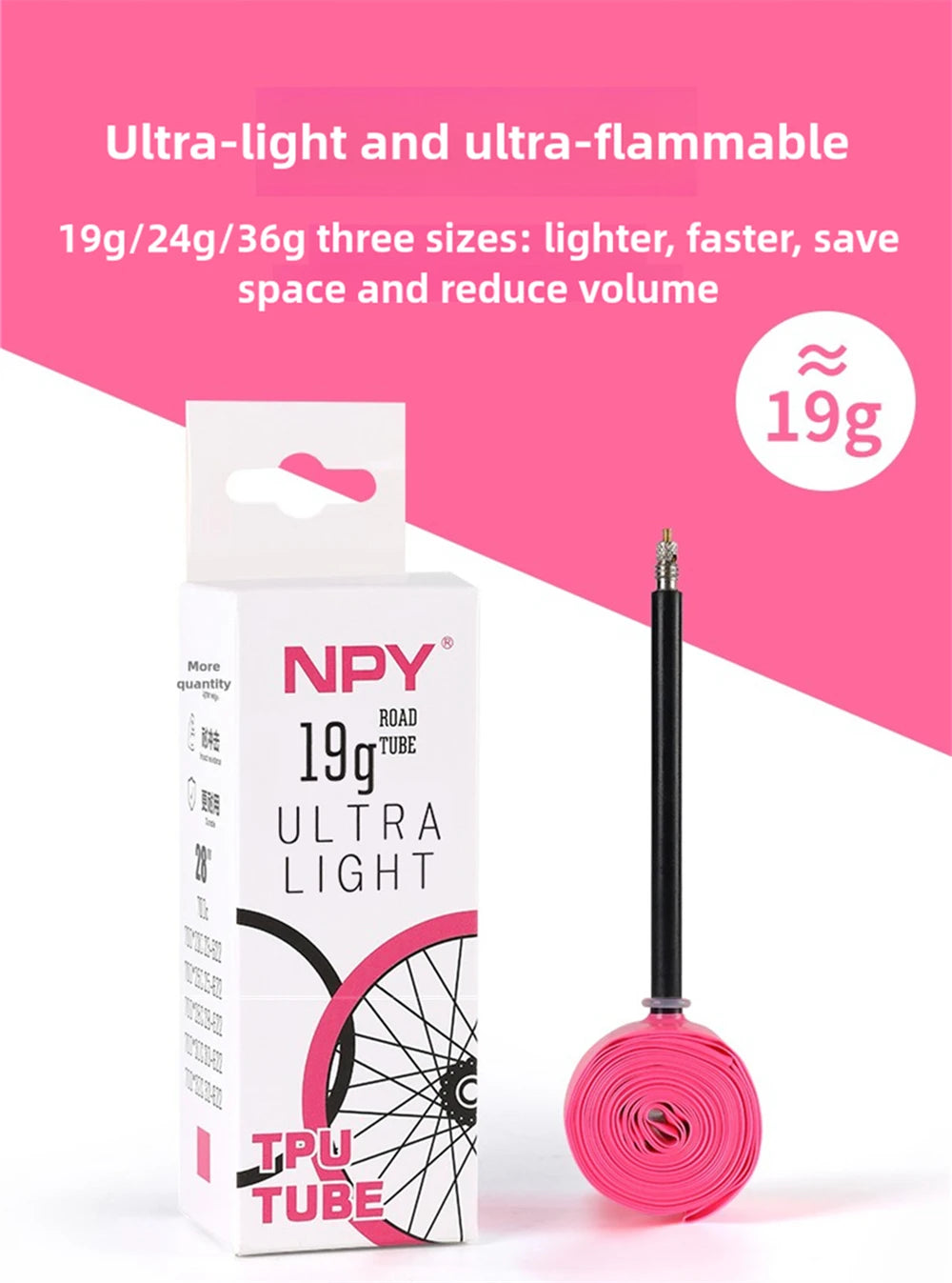 NPY 1Pcs Ultralight 28g Bike TPU Inner Tube 700X18 25 28 32 Road Bicycle TPU Material Tire 45mm/65mm/85mm Length French Valve