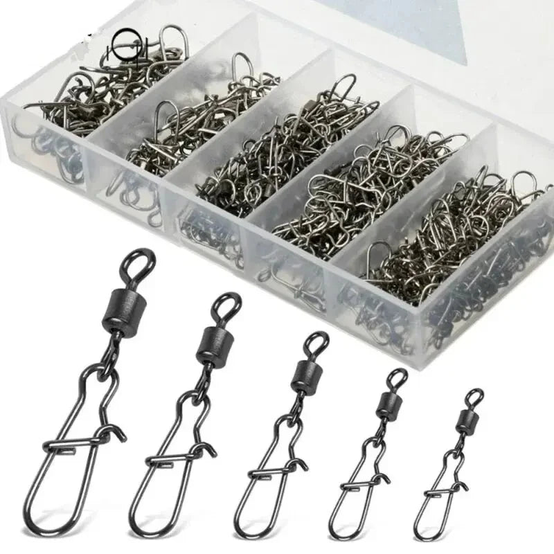 50pcs/Box Fishing Connector Swivels Interlock Pin Snap 4# 6# 8# 10# 12# Rolling Swivel Beads for Fishhook Lure Fishing Accessory