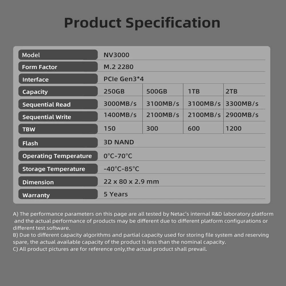 Netac SSD NVMe M2 250GB 500GB NVMe SSD 1TB 2TB M.2 2280 PCIe Internal Solid State Hard Drive Disk for Laptop Desktop