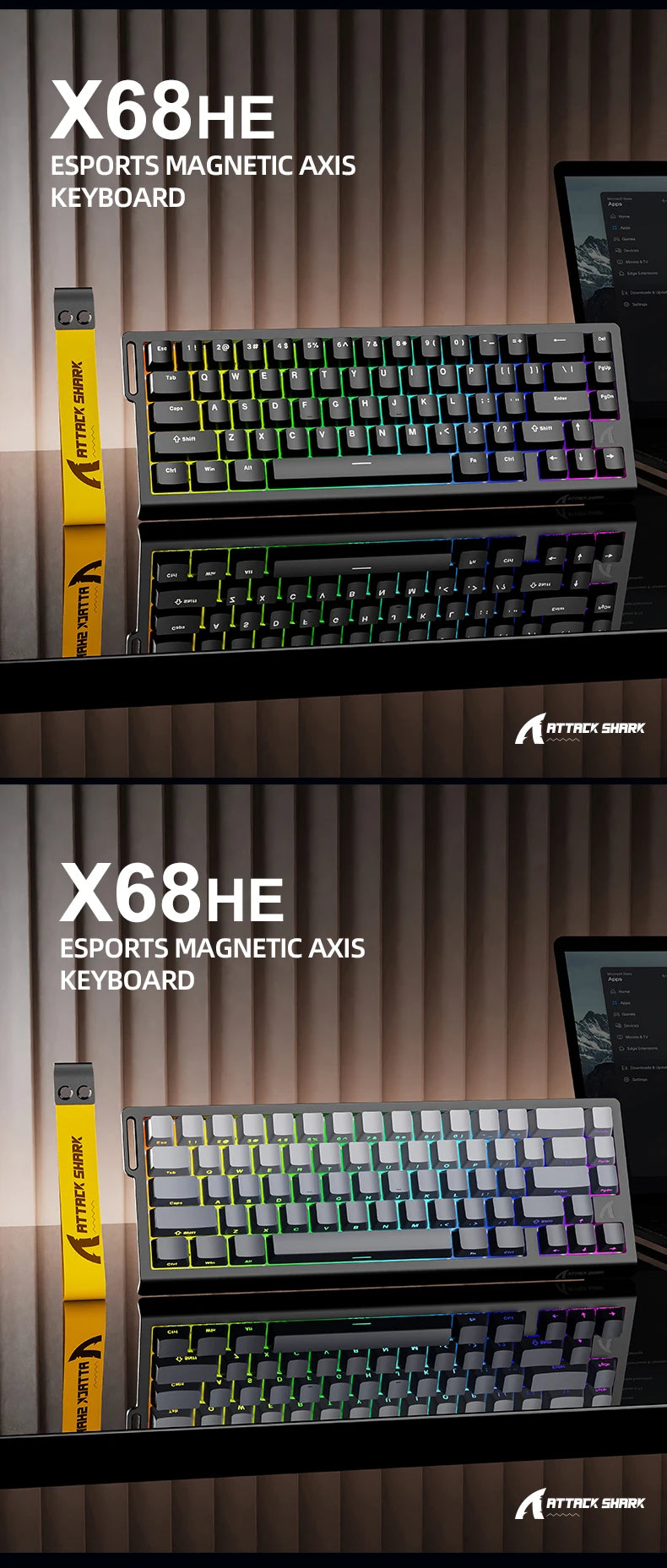 ATTACK SHARK X68HE Keyboard, PBT Double-Shot, RGB, 0.01mm, Baiyu Magnetic Switches,