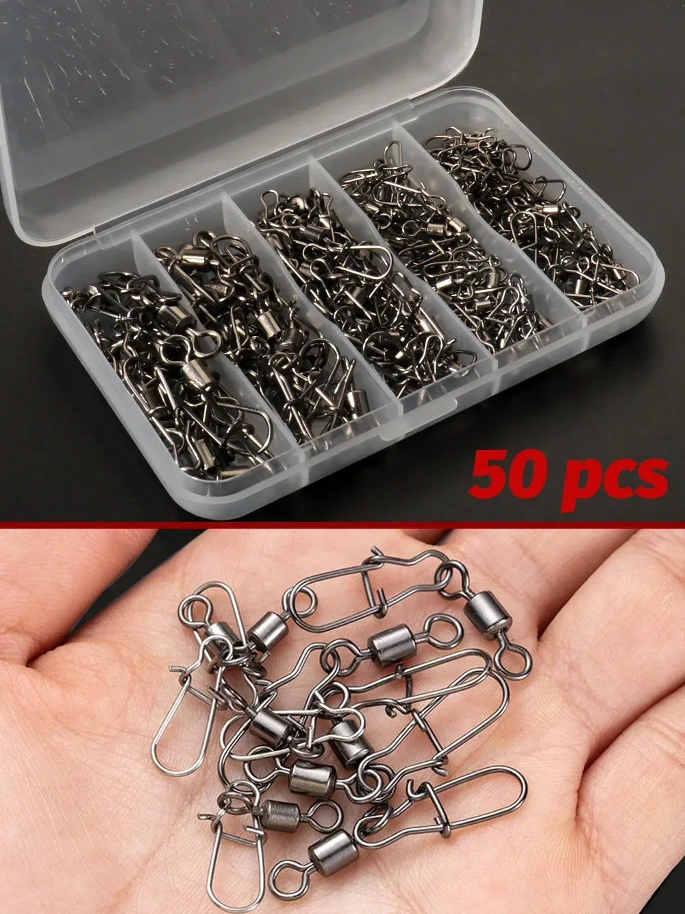 100pcs/box Swivel Snap Connector Pin Rolling Ring Fishing Tackle Buckle Hook Lure Kit Wire Connection 50pcs- 100pcs Bearing Gear