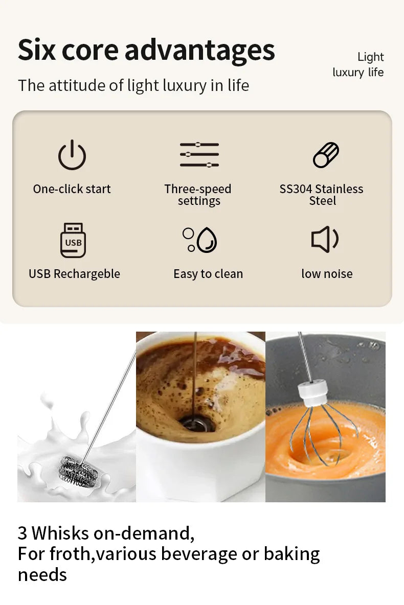 Espumador de Leche Eléctrico Inalámbrico con Carga USB Tipo C – Batidor de Mano de Acero Inoxidable ☕️🥛