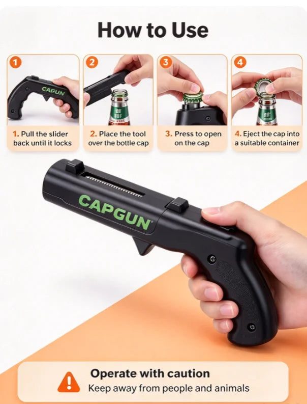 Black Cap Launcher Bottle Opener, Manual Spring-Loaded Cap Opening Tool with ABS Body and Stainless Steel Spring