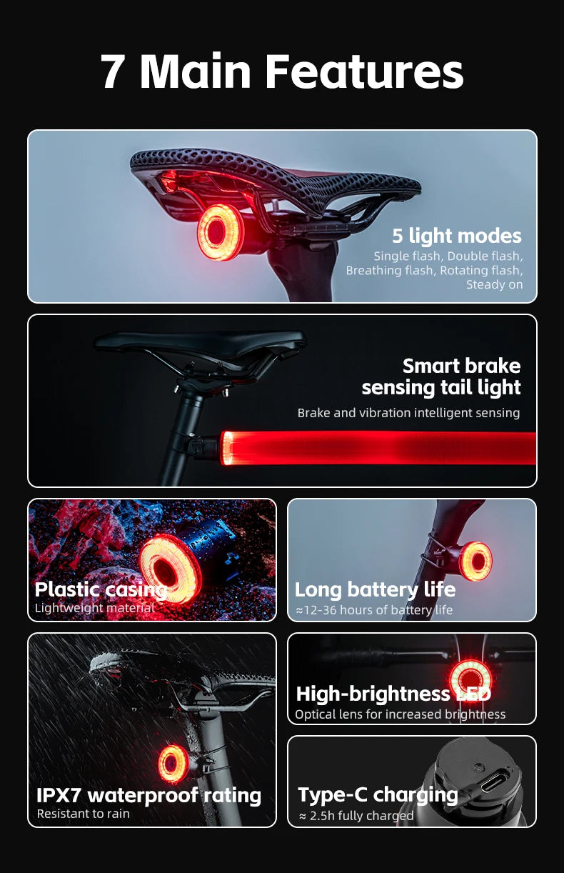 ROCKBROS Smart Bike Tail Light Bicycle Rear Lights IPX6 Waterproof Bike Lights for Night Riding with Type C Rechargeable