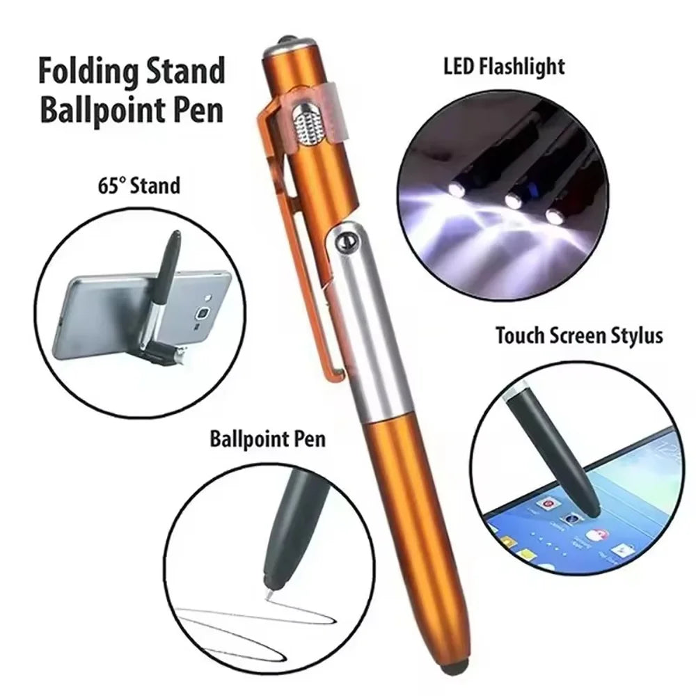 Multifunction 4In1 Foldable Ballpoint Pen with LED Light Phone Holder Night Read Writing Pencil Office School Student Stationery