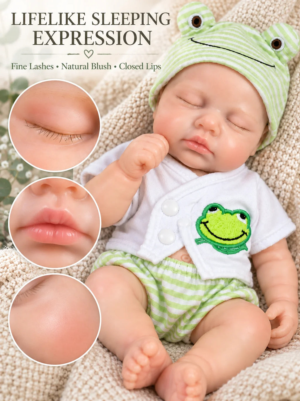 12 Inch Lifelike Sleeping RebornSilicone Baby Doll Cute Frog Outfit Realistic Newborn Doll Collectible Toy Gift
