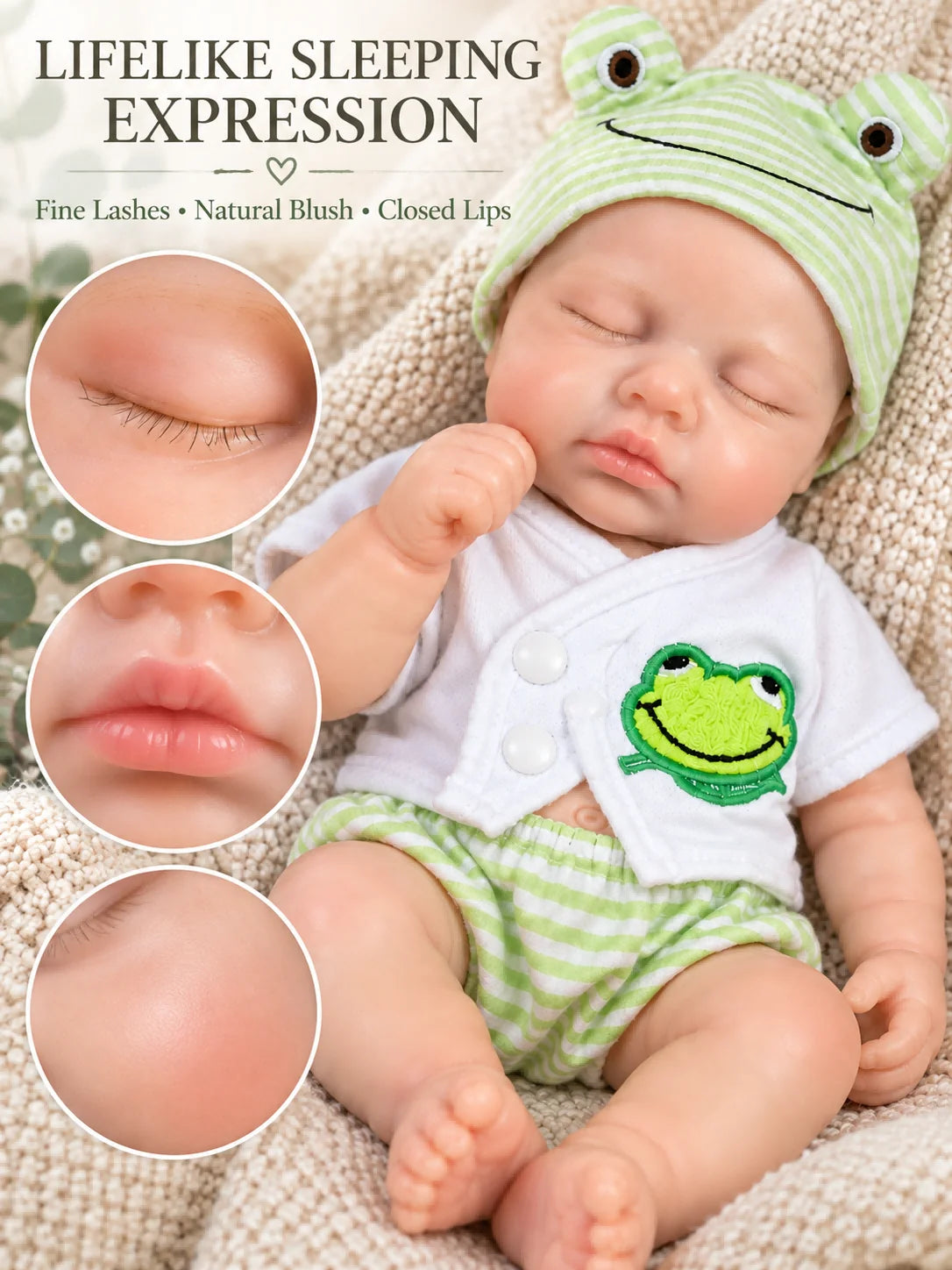 12 Inch Lifelike Sleeping RebornSilicone Baby Doll Cute Frog Outfit Realistic Newborn Doll Collectible Toy Gift