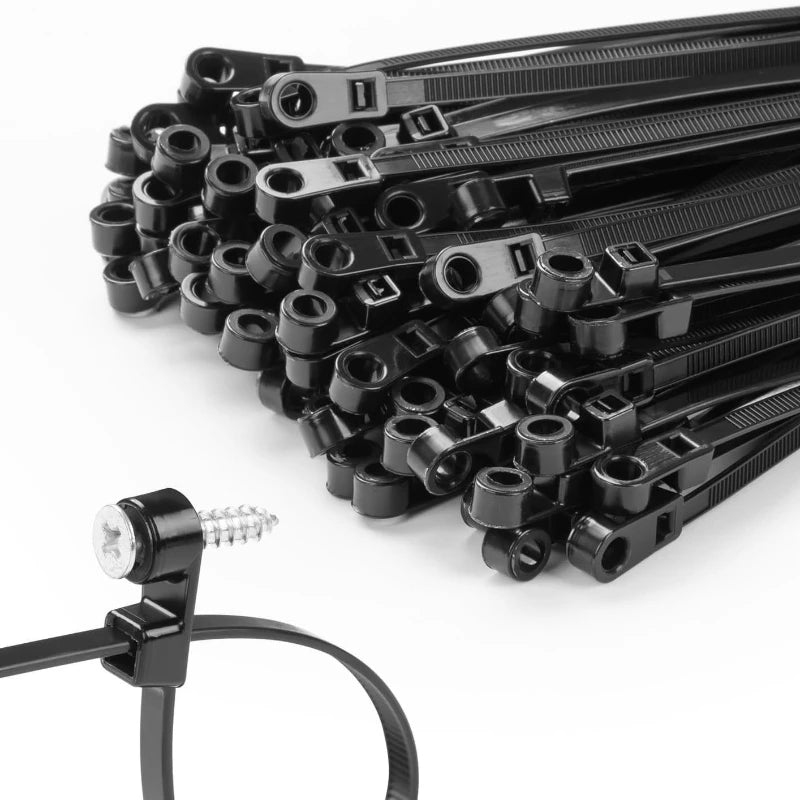 100Pcs Screw Hole Cable Ties Nylon Self-Locking Loop150mm/200mm Wrap Bundle Mount Organizer Fastening Straps Fasten Zip Plastic
