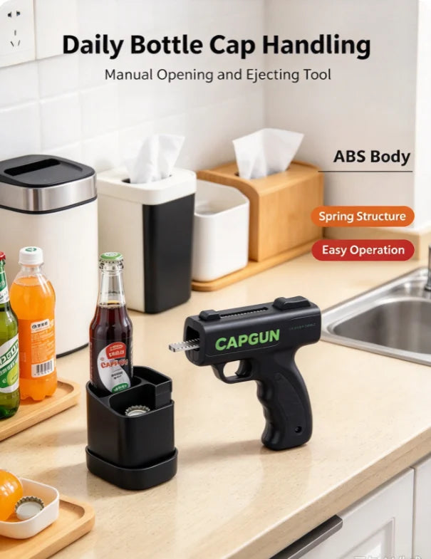Black Cap Launcher Bottle Opener, Manual Spring-Loaded Cap Opening Tool with ABS Body and Stainless Steel Spring