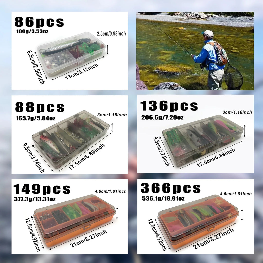 86/88/136/149/366pcs Fishing Lure Kit For Trout/Pike/Bass Multi-Lure Fishing Set Layered Tackle Pro Gear Tackle Box