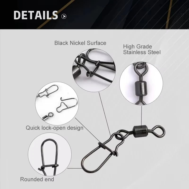50pcs/Box Fishing Connector Swivels Interlock Pin Snap 4# 6# 8# 10# 12# Rolling Swivel Beads for Fishhook Lure Fishing Accessory