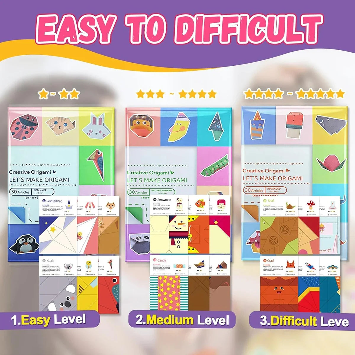 Origami Kit with 30/96 Sheets Paper & Guide Book, DIY Craft Art for Beginners Kids, Multiple Difficulty Level Challenges