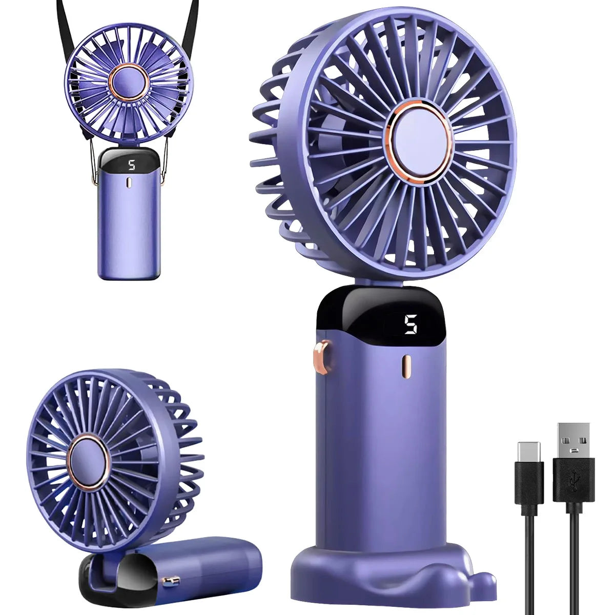 Portable USB Rechargeable Handheld Foldable Fan with 5 Speeds, Phone Stand, Digital Display, and Cooling Neck-Hanging Fan