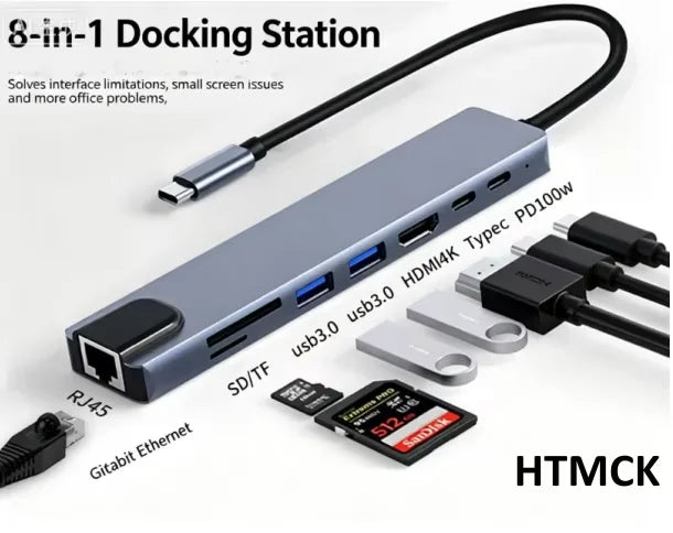 USB C Hub 8In1 7in2 7in1 Type C 3.1 To 4K HDMI Adapter with RJ45 SD/TF Card Reader PD Fast Charge for MacBook Notebook Laptop