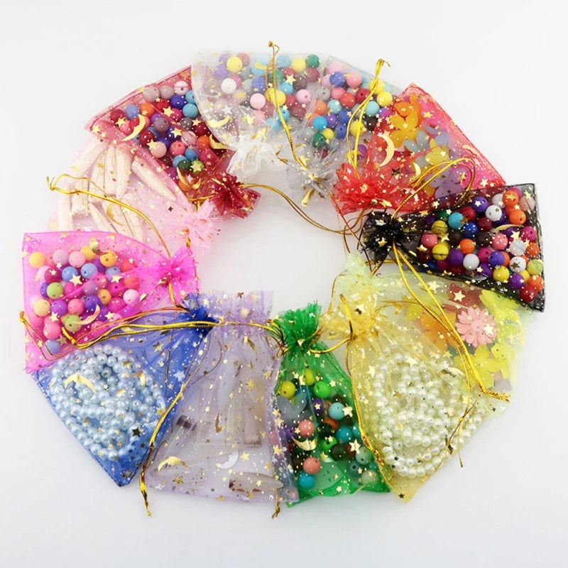 50PCS Moon Stars Drawstring Organza Bags Jewelry Gift Bags Pouches Gold Star Organza Favor Pouches for Christmas Wedding