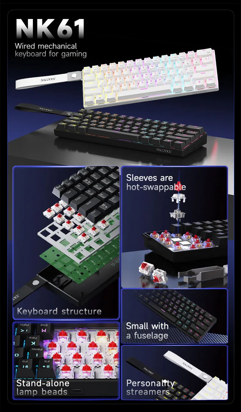 AJAZZ NK61 Wired Mechanical Gaming Keyboard, Supports Full-Key Hot-Swapping, Suitable for Both Office Work and Gaming