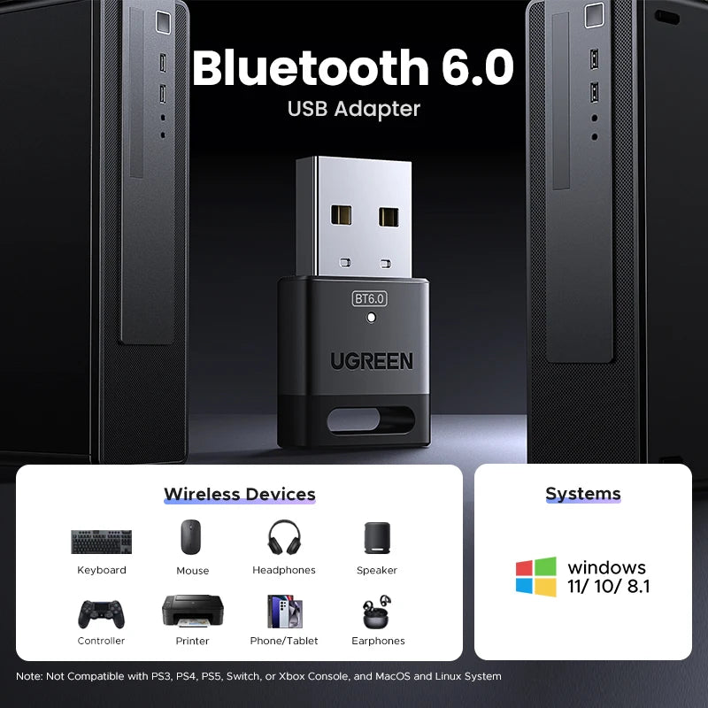 USB Bluetooth Adapter, Bluetooth 6.0 Dongle for PC Windows 11/10/8.1, Receiver & Transmitter for Keyboard/Mouse