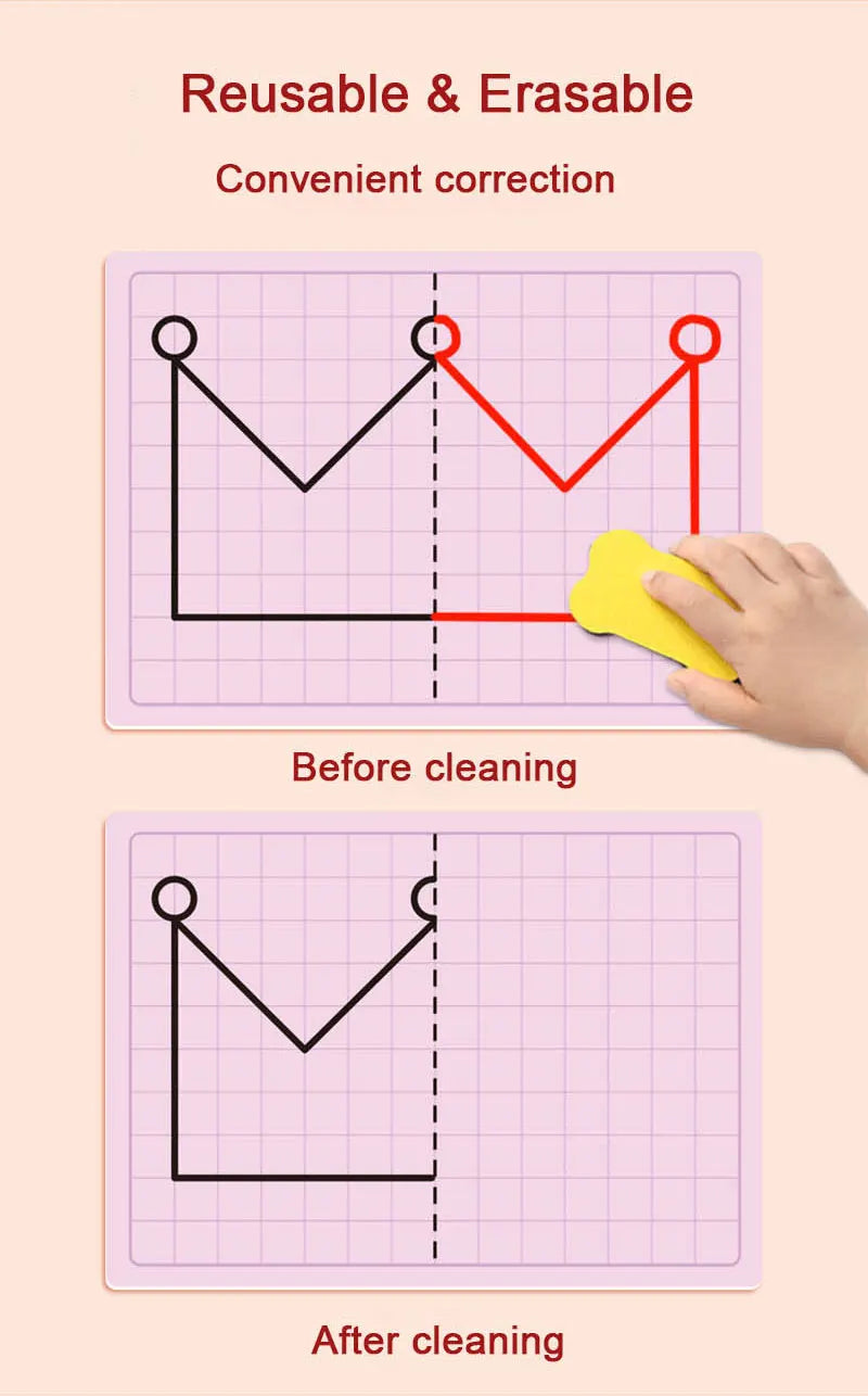 30 Page Children's Grid Symmetrical Drawing Toy Focuses on Fine Motor Skills Writing and 4-Color Brush Control Training Drawing
