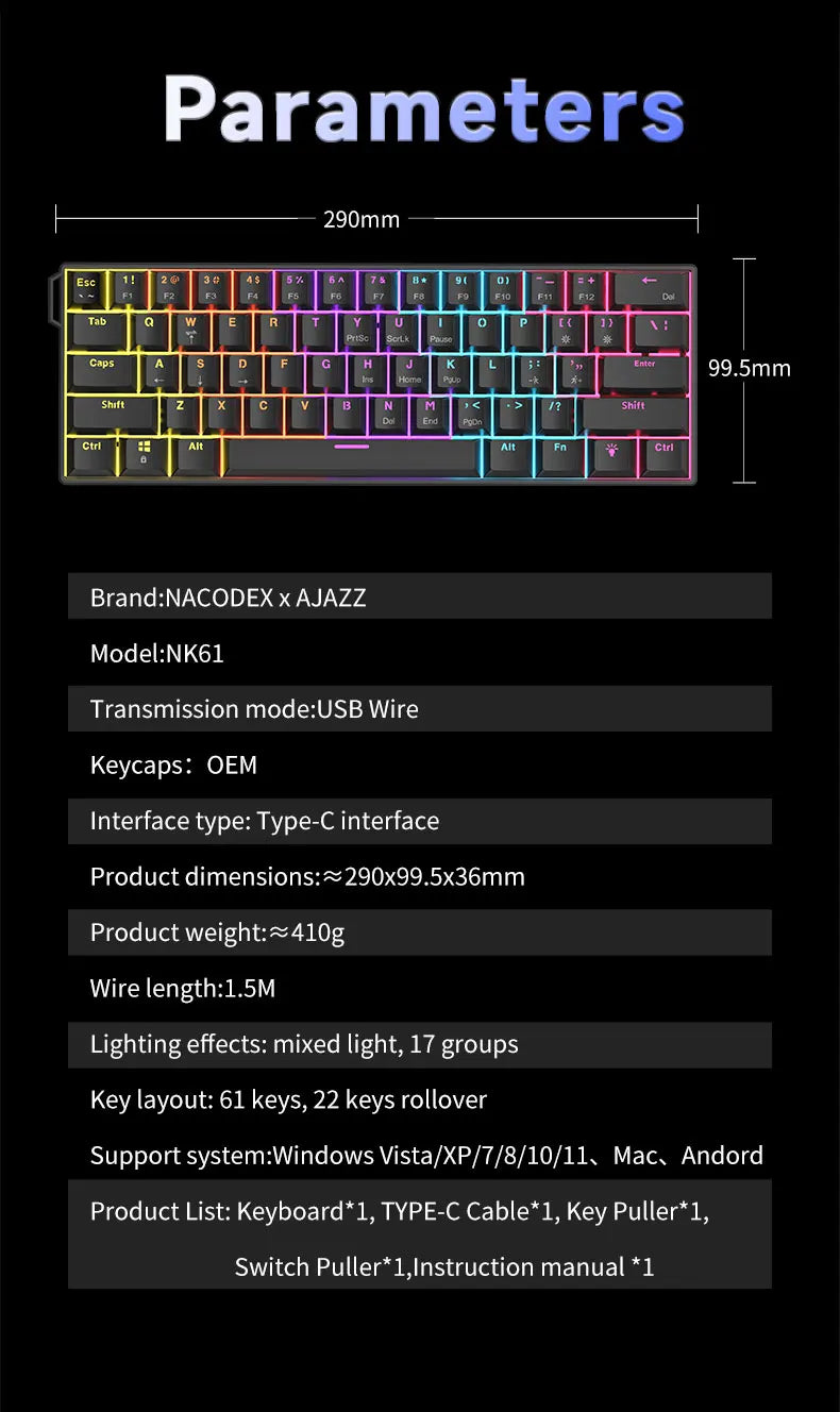 AJAZZ NK61 Wired Mechanical Gaming Keyboard, Supports Full-Key Hot-Swapping, Suitable for Both Office Work and Gaming