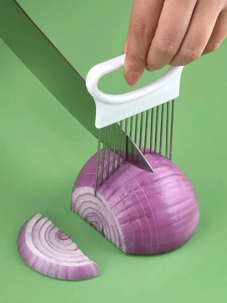 Stainless Steel Onion Cutter Holder Food Slicers Assistant Tomato Onion Slicer Holder Vegetables Cutting Fork Kitchen Gadgets