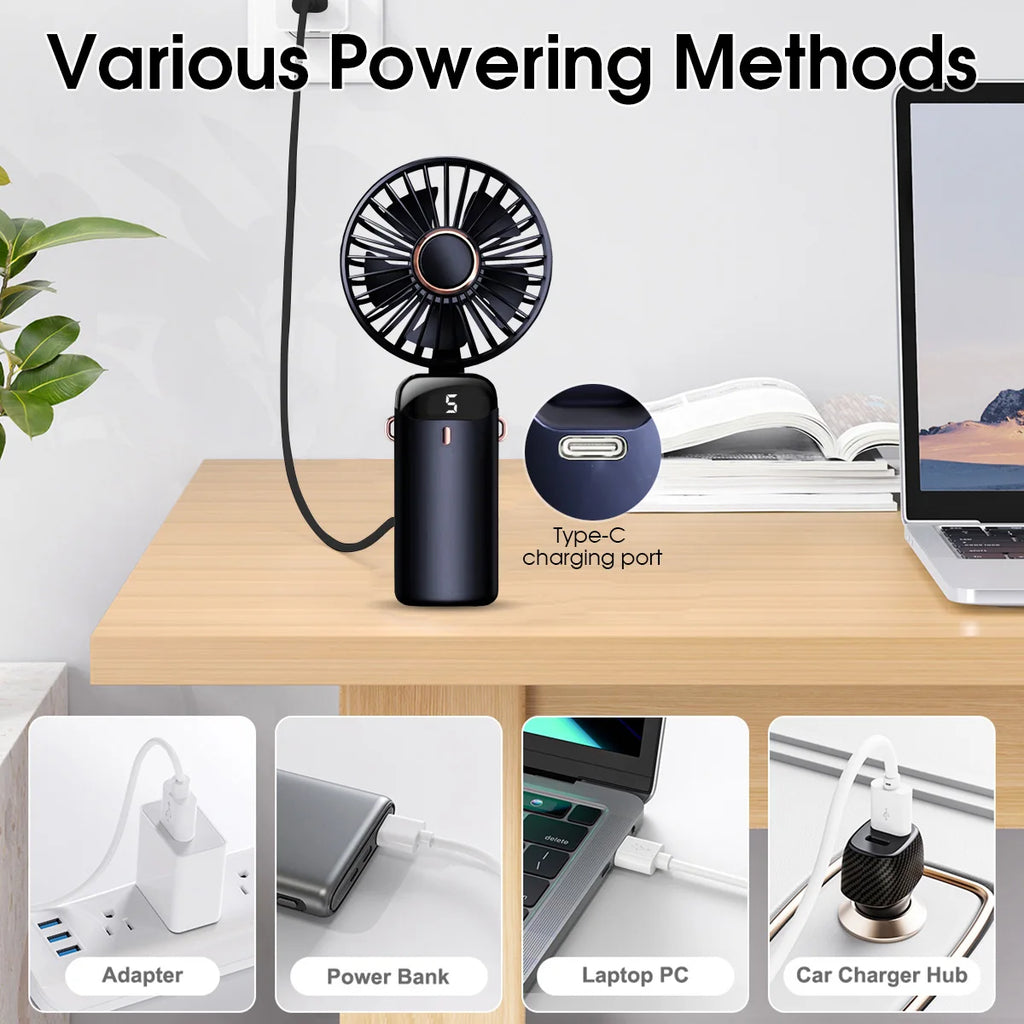 🌬️ Ventilador Portátil Recargable USB Plegable 🔋 5 Velocidades | 📱 Soporte para Celular | 🔢 Pantalla Digital | 🎒 Diseño de Mano y Colgante para el Cuello