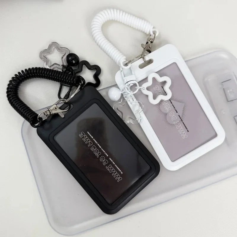 Cute Simple Protective Card Holder with Keychain Colorful Star Retractable Spring Lanyard ID Card Photo Postcard Holder Charms