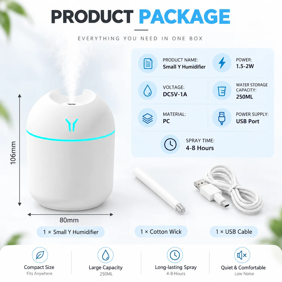 250ML Mini USB Air Humidifier Aroma Diffuser Essential Oil Cool Mist Maker RGB LED Night Light Quiet for Home Car Office Bedroom
