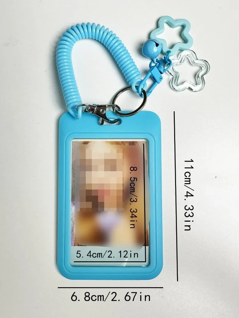 Cute Simple Protective Card Holder with Keychain Colorful Star Retractable Spring Lanyard ID Card Photo Postcard Holder Charms