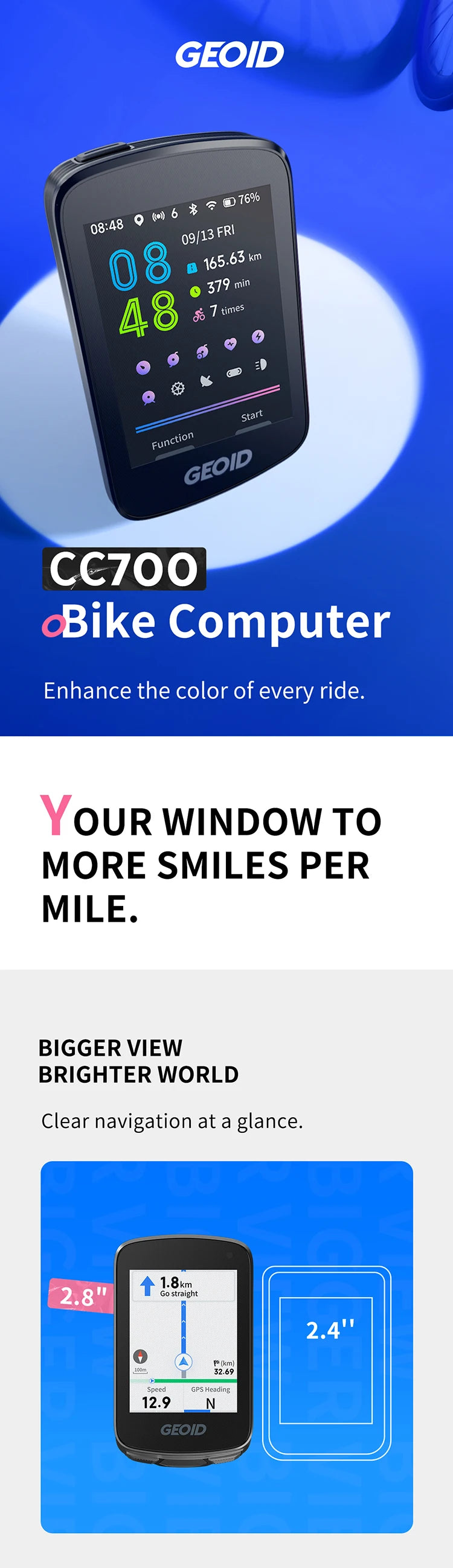 GEOID CC700 GPS Bike Computer 2.8-inch Color Screen Bicycle Speedometer Waterproof Cycling Odometer with Route Navigation WIFI