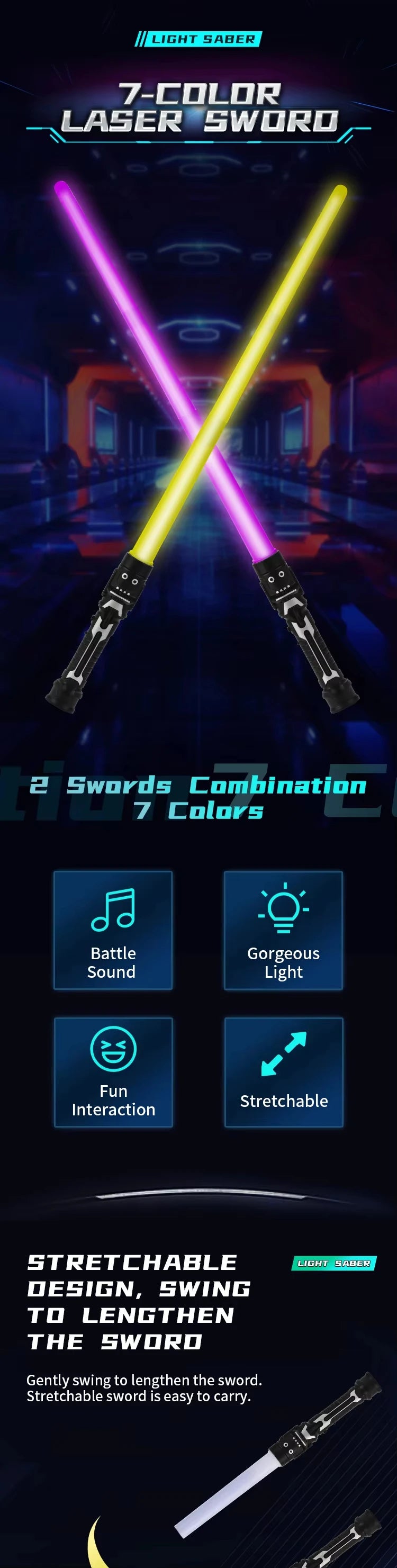 2 in 1 Telescopic Glow Light Sword 7 Color Changing Flashing Stick with Battle Sound Cosplay Party Prop Interactive Play Toy