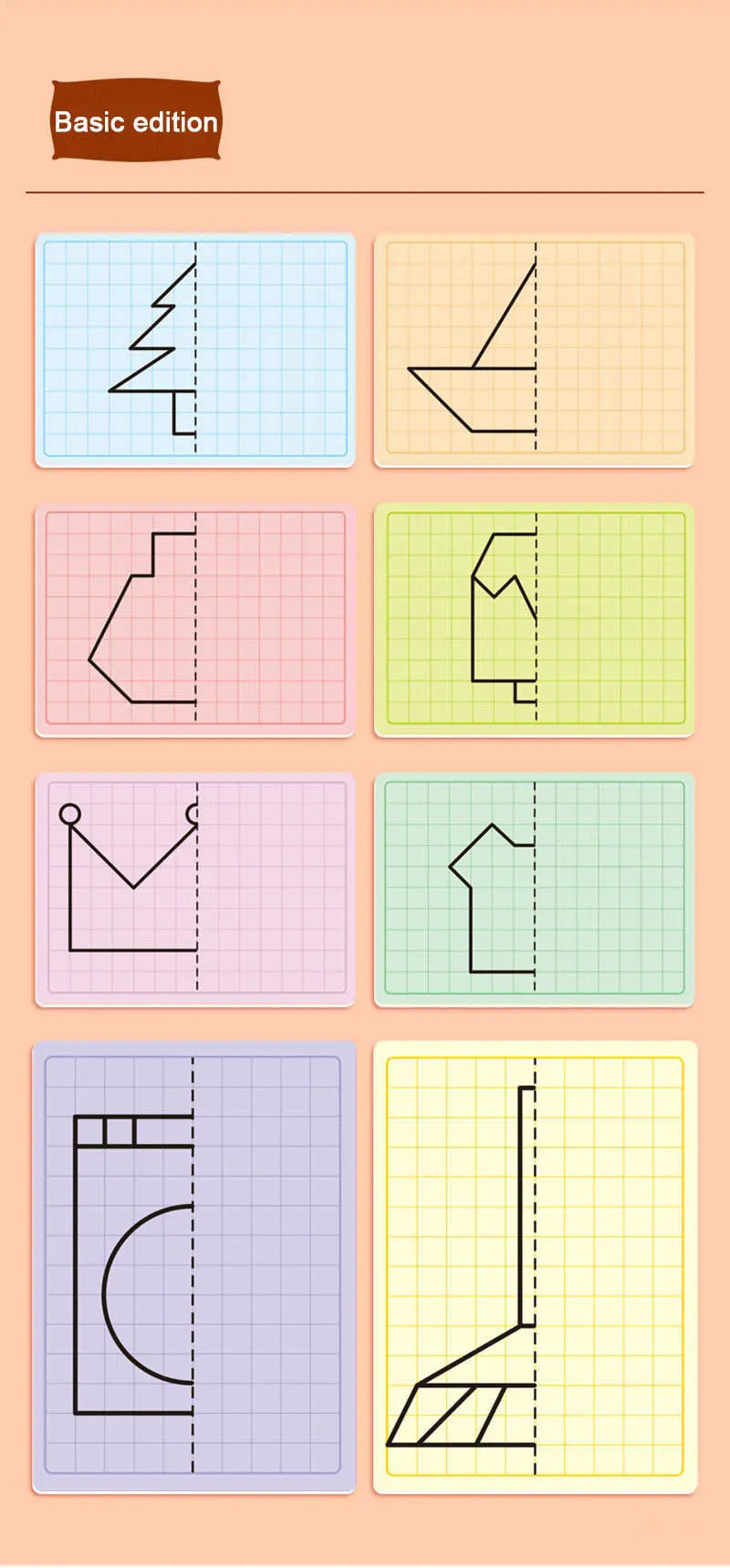 30 Page Children's Grid Symmetrical Drawing Toy Focuses on Fine Motor Skills Writing and 4-Color Brush Control Training Drawing