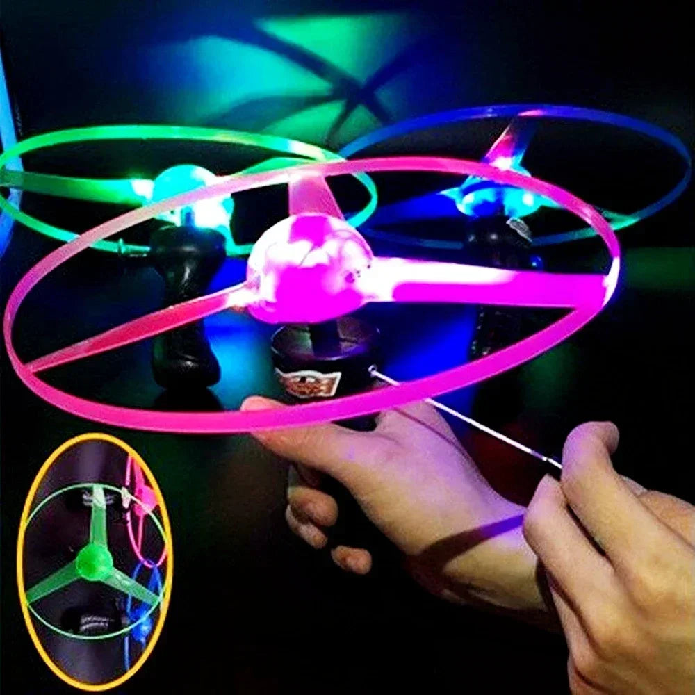 1Q-Luminous Flying Disc Propeller Toys LED Lighting Pull String Flying UFO Toy Spinning Top Outdoor Game Sports Toy Gift