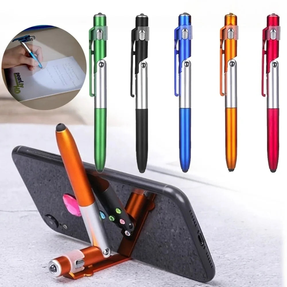 Multifunction 4In1 Foldable Ballpoint Pen with LED Light Phone Holder Night Read Writing Pencil Office School Student Stationery