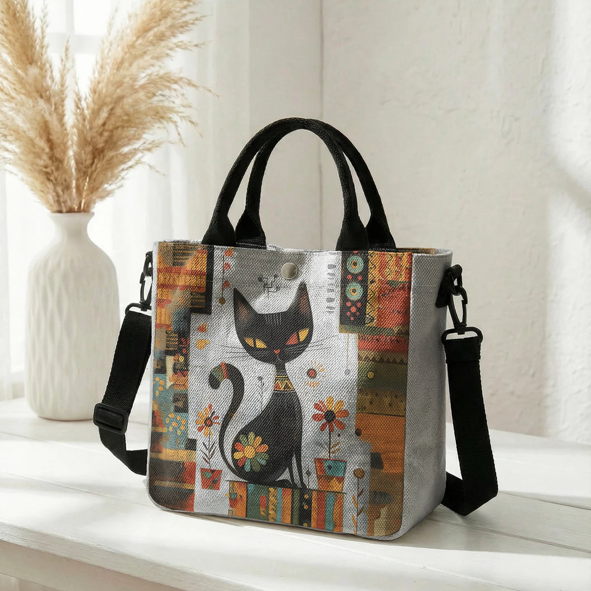 👜 Bolso Tote de Gato Artístico con Correa Desmontable 🐈✨