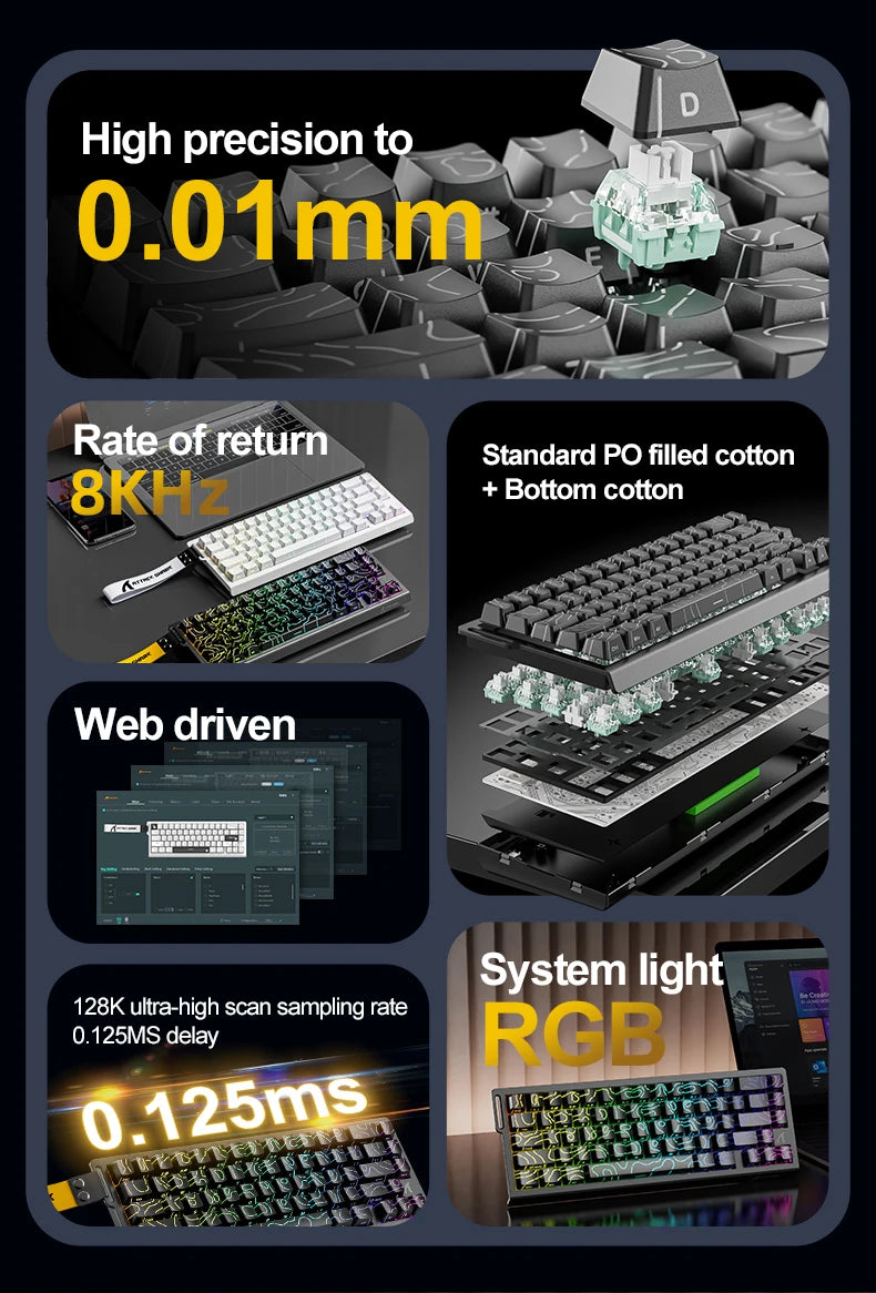 ATTACK SHARK X68HE Keyboard, PBT Double-Shot, RGB, 0.01mm, Baiyu Magnetic Switches,