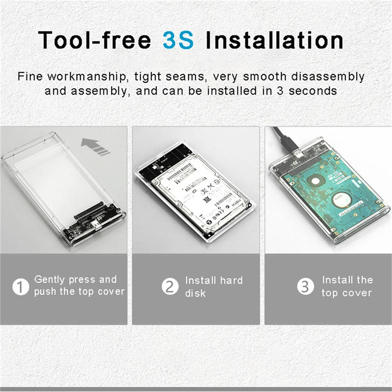 Transparent 2.5 Inch HDD Enclosure SSD SATA to USB 3.0 Type-C 3.1 Portable External Hard Drive Case Tool-Free