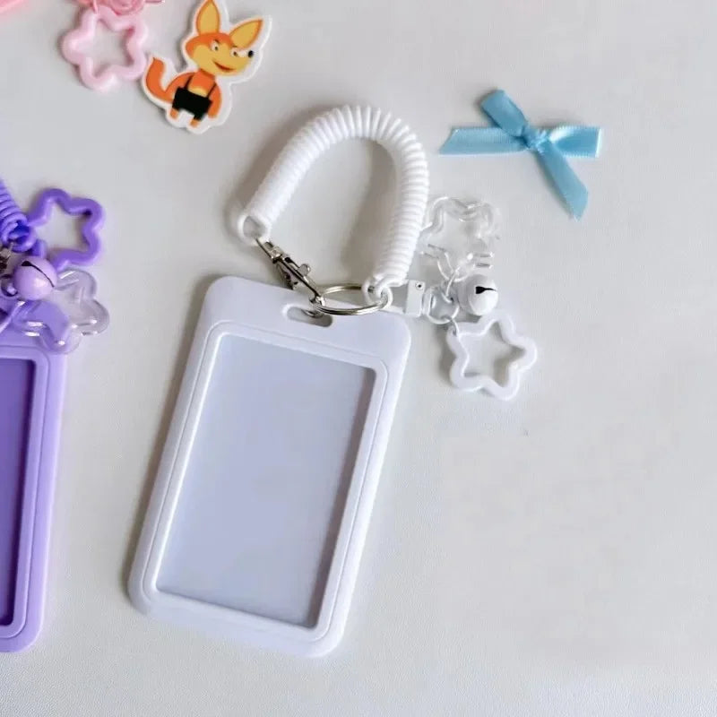 Cute Simple Protective Card Holder with Keychain Colorful Star Retractable Spring Lanyard ID Card Photo Postcard Holder Charms