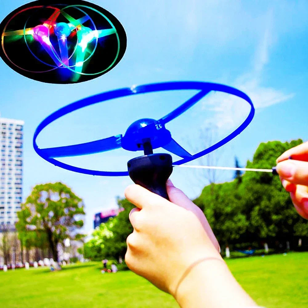 1Q-Luminous Flying Disc Propeller Toys LED Lighting Pull String Flying UFO Toy Spinning Top Outdoor Game Sports Toy Gift