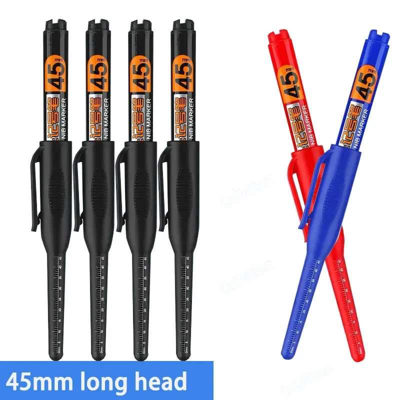 10PCS 45mm Tip Waterproof Long Head Marker Pen Quick-Dry Ink for Woodworking Construction, Deep Hole Non-Toxic Black Red Blue
