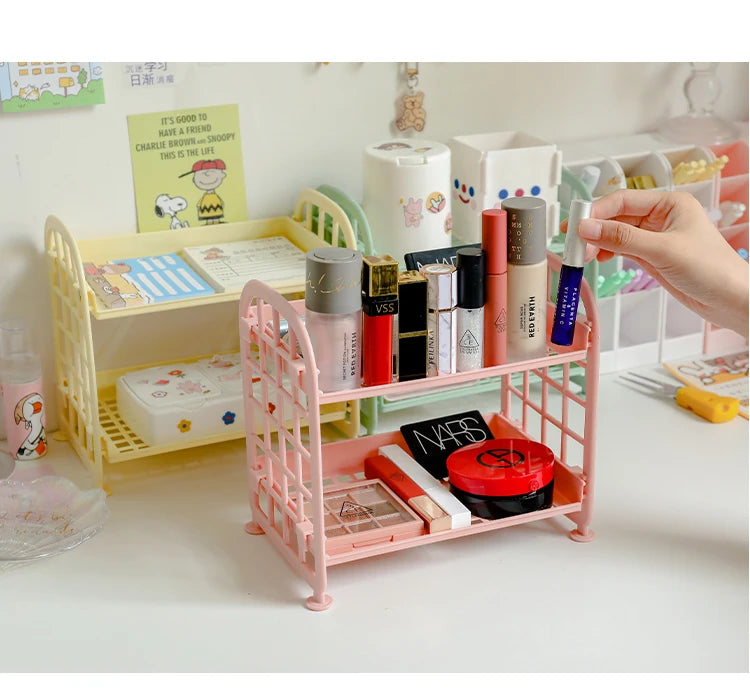 2-Tier Multifunctional Plastic Shelf Makeup Organizer for Skincare Office Kitchen Bedroom Bathroom Two Layer Hollow Storage Rack