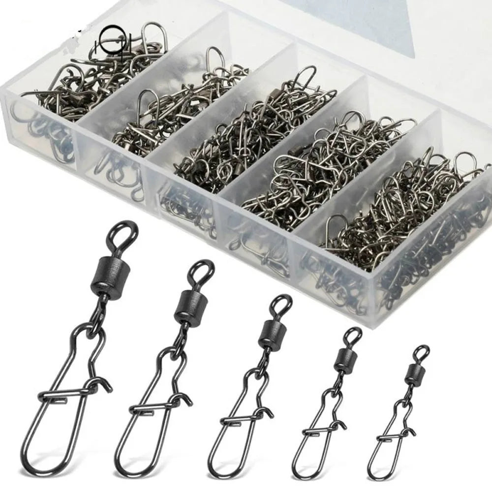 50pcs/Box Fishing Connector Swivels Interlock Pin Snap 4# 6# 8# 10# 12# Rolling Swivel Beads for Fishhook Lure Fishing Accessory