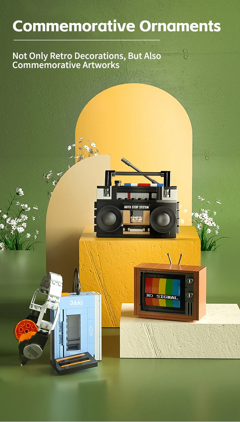 DIY Retro Electrical Appliances Furniture TV Computer Tape Walkman Play Game Consoles Radio Building Blocks Model Brick Set Toys