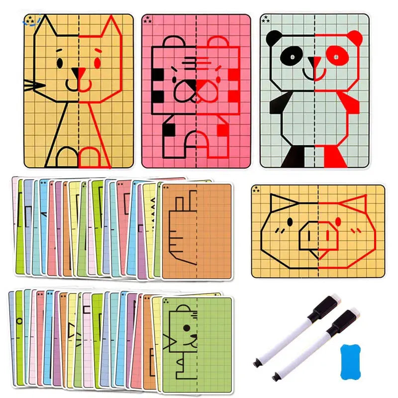 30 Page Children's Grid Symmetrical Drawing Toy Focuses on Fine Motor Skills Writing and 4-Color Brush Control Training Drawing