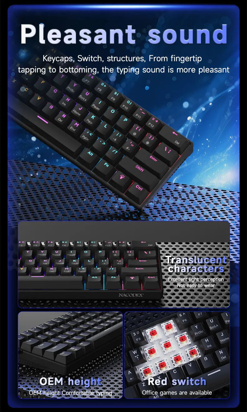 AJAZZ NK61 Wired Mechanical Gaming Keyboard, Supports Full-Key Hot-Swapping, Suitable for Both Office Work and Gaming