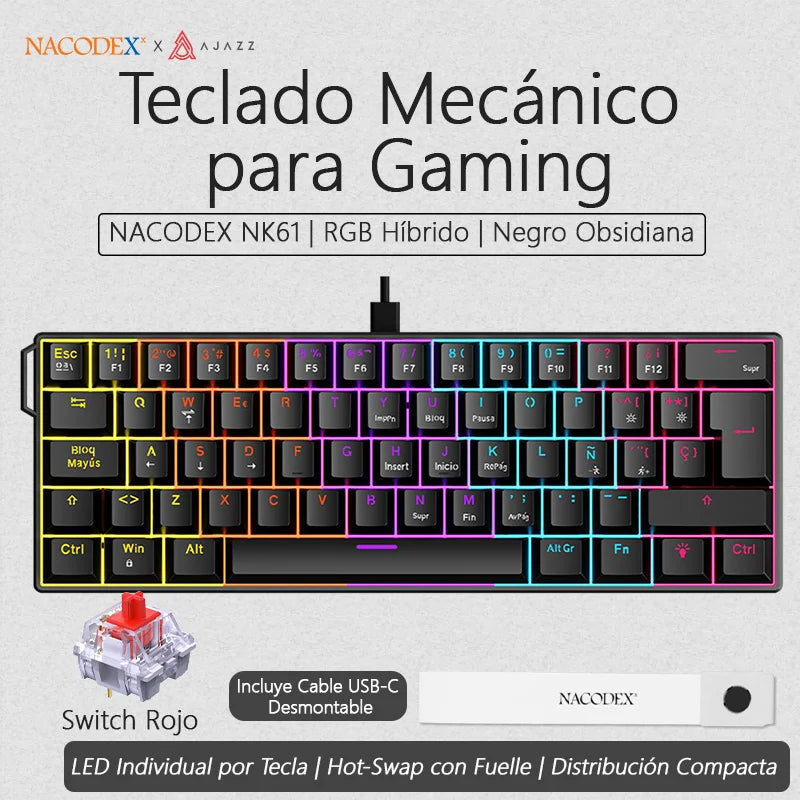 AJAZZ NK61 Wired Mechanical Gaming Keyboard, Supports Full-Key Hot-Swapping, Suitable for Both Office Work and Gaming