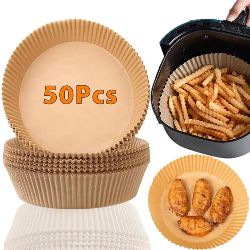 🍟 Papel Desechable Antiadherente para Freidora de Aire | 🧁 Moldes Redondos para Hornear | 🔥 Resistentes a la Grasa | 📦 Paquetes de 50 o 100 Piezas