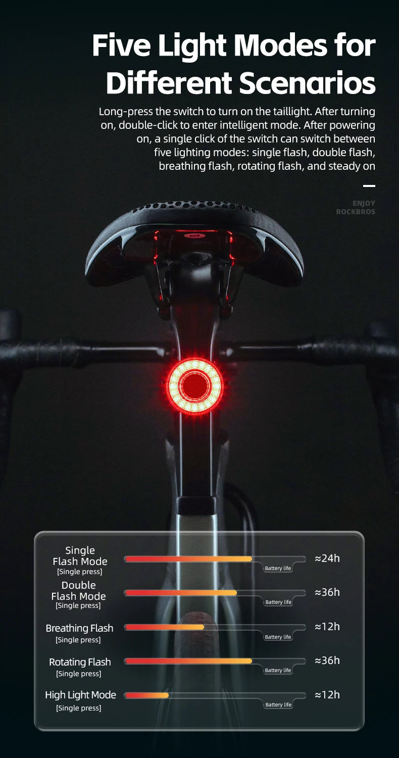 ROCKBROS Smart Bike Tail Light Bicycle Rear Lights IPX6 Waterproof Bike Lights for Night Riding with Type C Rechargeable